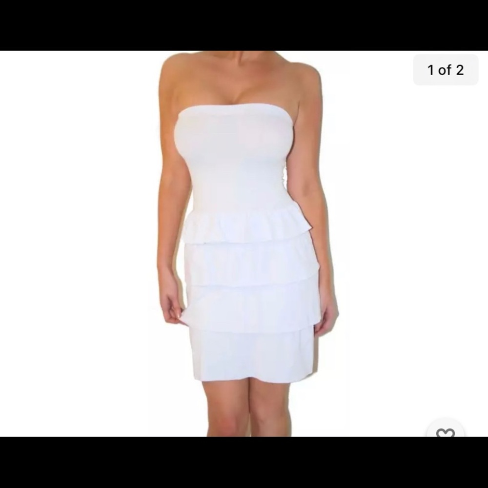 Sexy White Ruffled Strapless Bodycon Mini Low cut Dress O/S fits s-l Glam Girlie